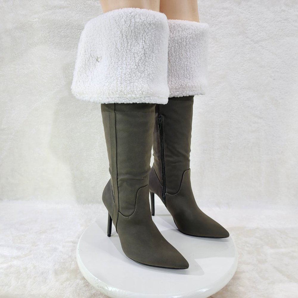 Olive Green Fluffy Fleece Lined Fold Under / Over the Knee Pointy Toe Boots - Picture 13 of 13